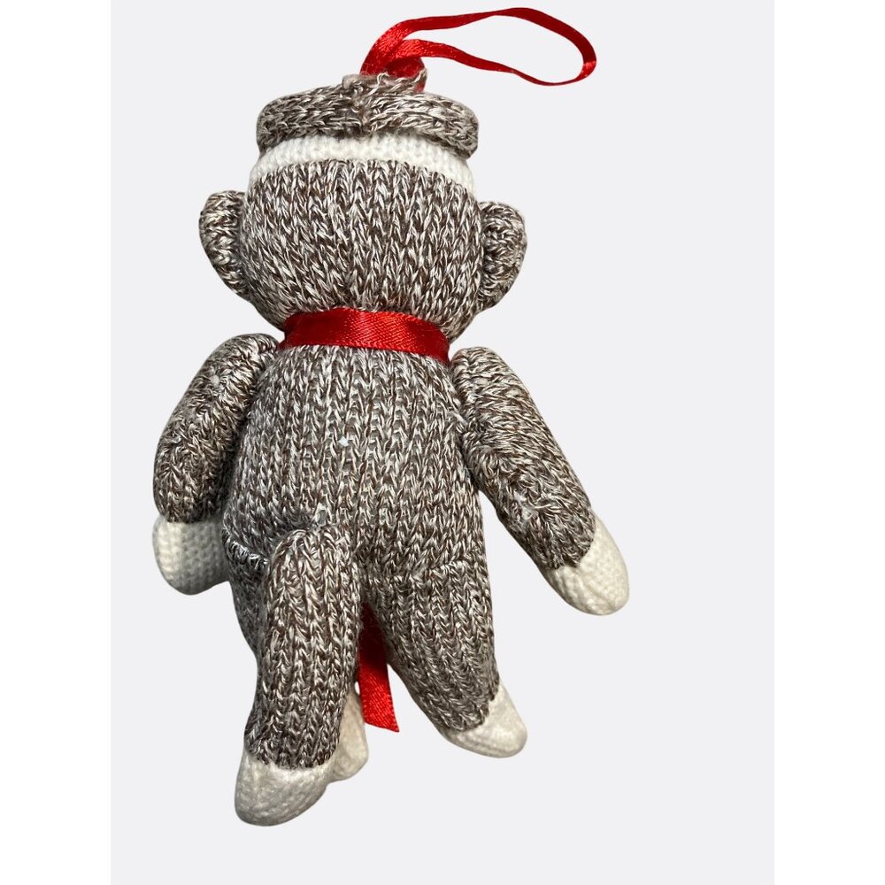 Knitted Sock Monkey Plush Ornament With Red Ribbon - Picture 2 of 10